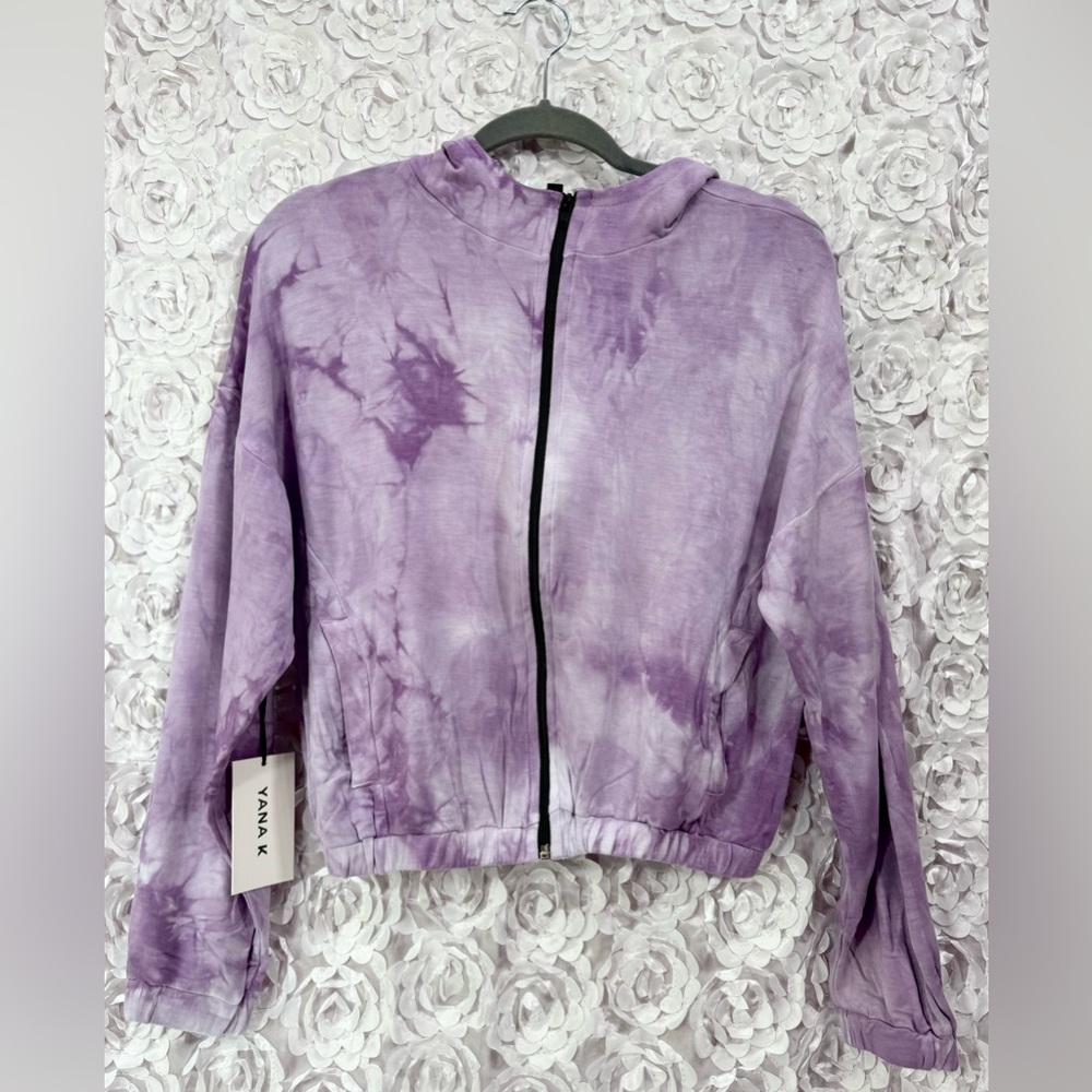 YANA K NWT  Harley Tie Dye Hoodie Sweater Sz Small Purple & White Boho Zip Up